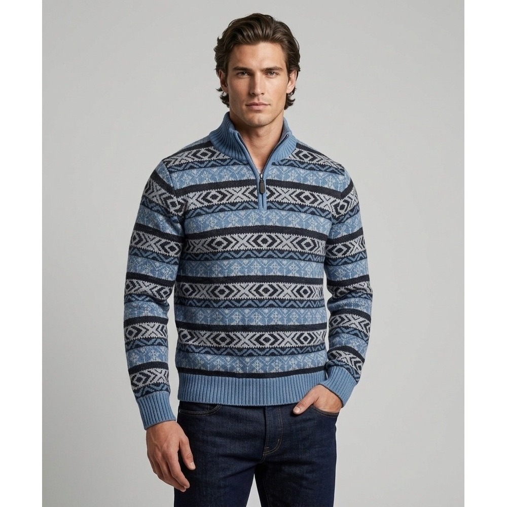 LL Bean Mens Blue‎ Fair Isle Nordic 1/4 Zip Long Sleeve Sweater Medium 503348